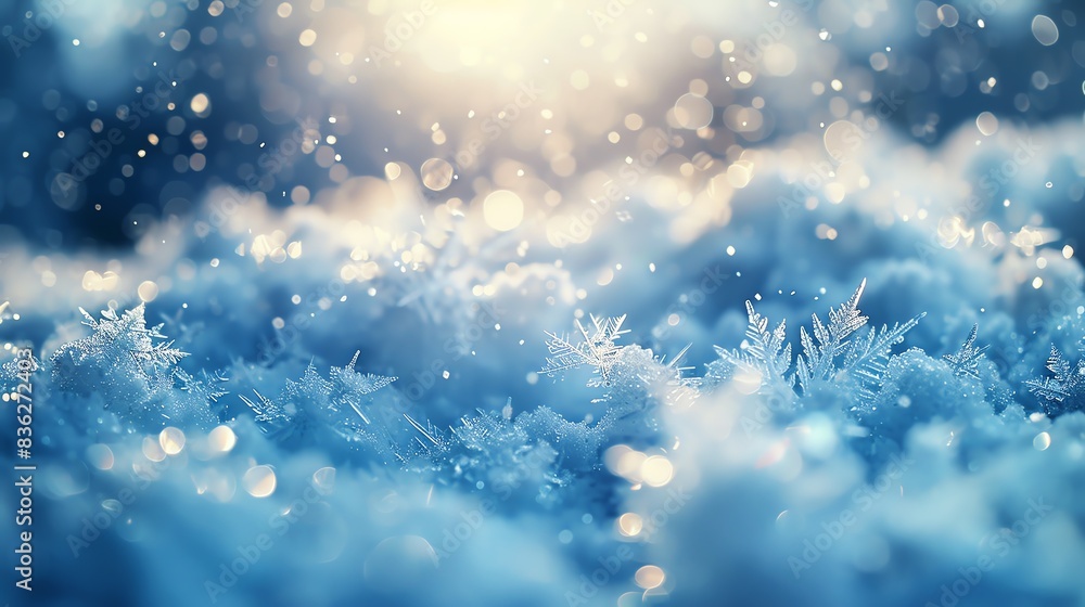 Close-up of sparkling snowflakes on fresh snow with sun shining through. Close-up of sparkling snowflakes on fresh snow with sun shining through.