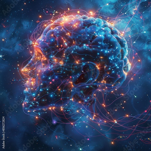 An artistic depiction of an AI brain made of glowing circuits and nodes, with a flowing, fluid design set against a nebula-like backdrop, emphasizing the network and connection aspects