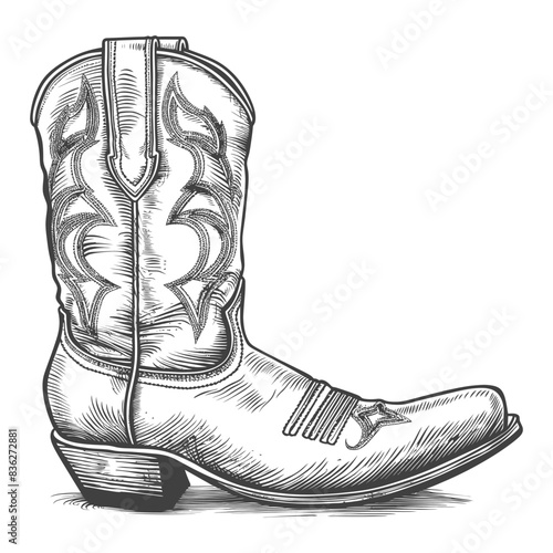 Vintage Engraved Cowboy Boot: Western Style, Detailed Line Art.