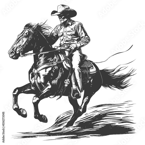 Gritty Cowboy Rider: Galloping Horse, Masked Vigilante, Vintage Engraving Style