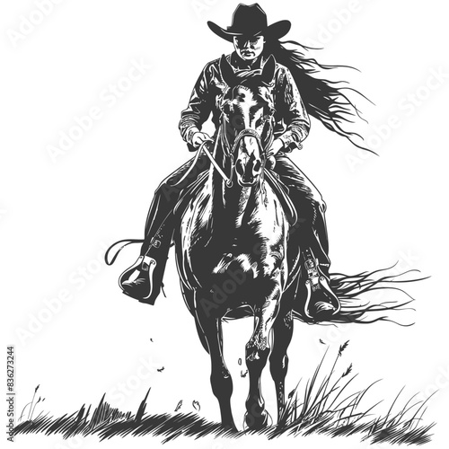 Ink Sketch: Cowboy Woman Rides Galloping Horse, Windblown Hair, Western Style