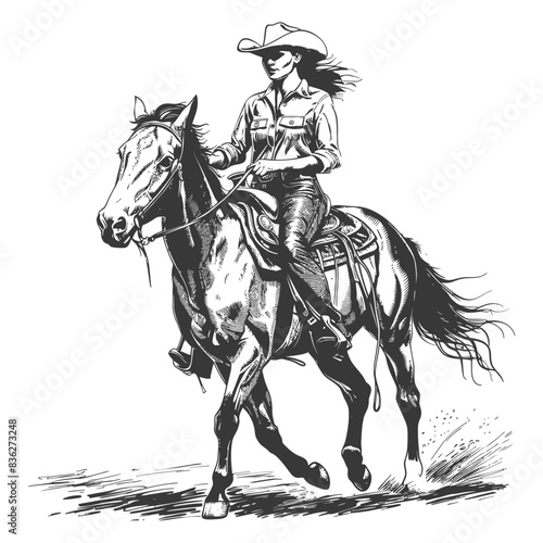 Cowgirl on Horse: Black and White Sketch Style Riding.