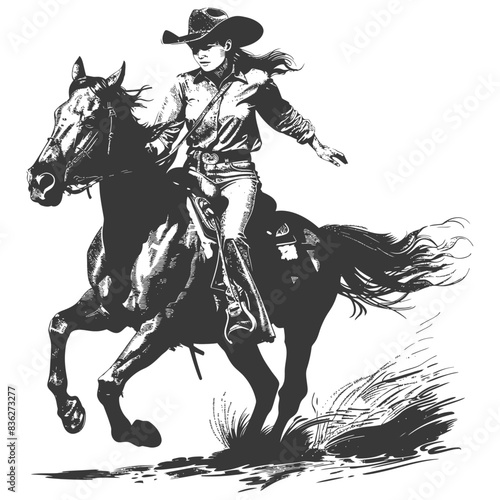 Vintage Cowgirl Galloping on Horse, Ink Sketch.