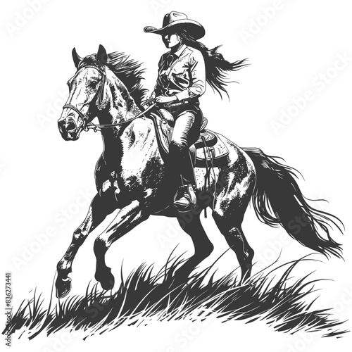 Ink Sketch: Wild West Cowgirl Riding Dapple Horse Through Tallgrass.