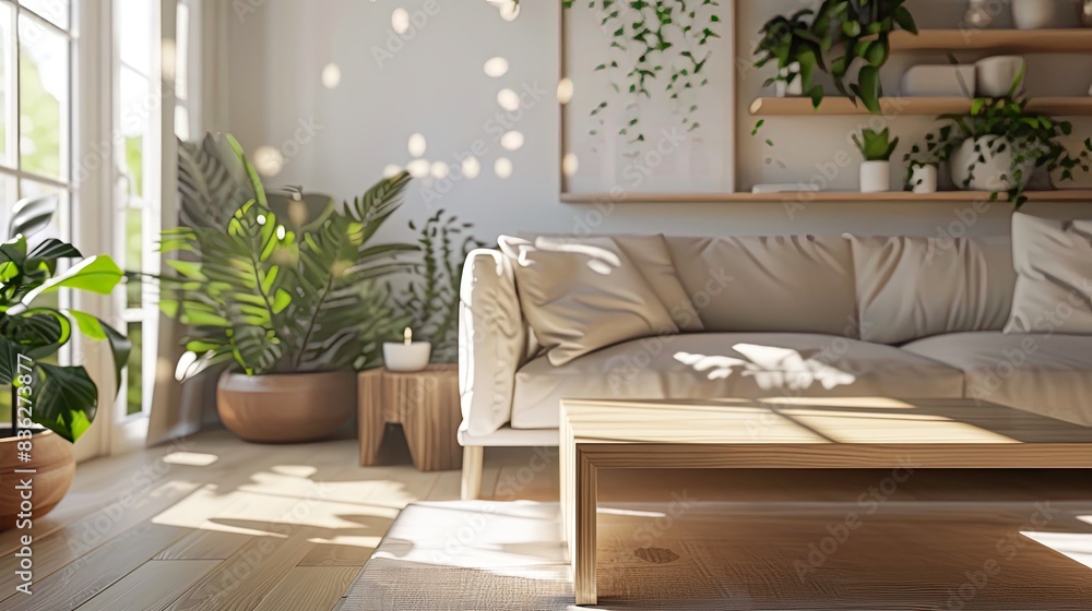 Fototapeta premium Sunlight Streams Into Modern Living Room Interior Design With Lush Plants