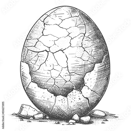 Sketch of a Cracked Dinosaur Egg, Hatching Stone Fossil
