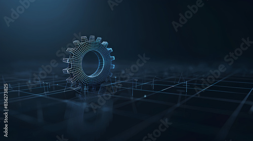 a gear on a dark blue background. the gear's intricate design,