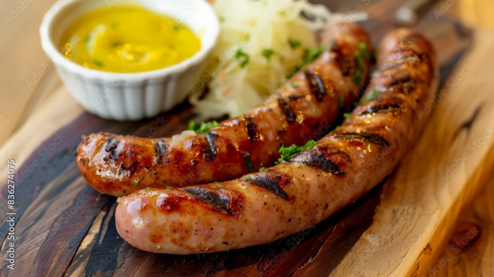 A flavorful Kurobuta pork sausage, grilled and served with sauerkraut and mustard. A flavorful Kurobuta pork sausage, grilled and served with sauerkraut and mustard.