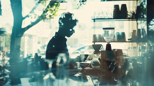 barista making coffee, close up, focus on, clean coffee station, Double exposure silhouette with coffee equipment photo
