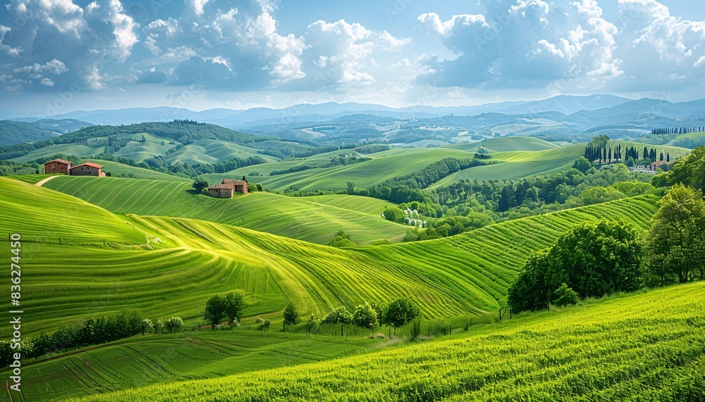 Fototapeta premium Rolling Hills of Tuscany, Italy - Scenic Landscape with Lush Green Fields, Farmhouses, and Dramatic Sky - Perfect for Travel, Nature, and Agricultural Themes