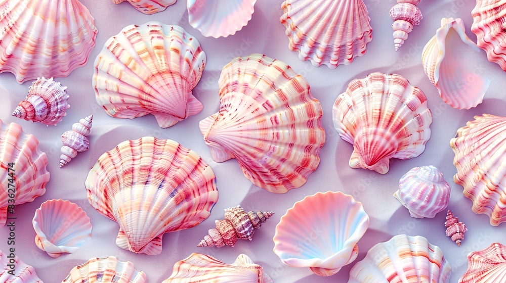 Vibrant Collection of Colorful Seashells Arranged in a Pattern on a Light Background - Perfect for Beach, Summer, and Coastal-Themed Designs and Projects Vibrant Collection of Colorful Seashells Arranged in a Pattern on a Light Background - Perfect for Beach, Summer, and Coastal-Themed Designs and Projects