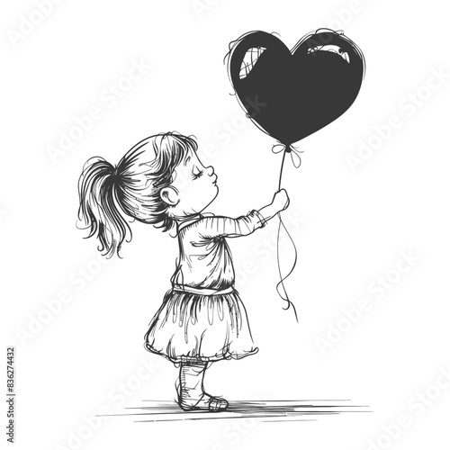 Sketch of little girl kissing a heart-shaped balloon, vector illustration.