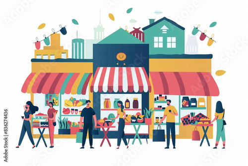 Illustration of a lively farmers market scene with people shopping for fresh produce and goods, buildings and cityscape in the background.
