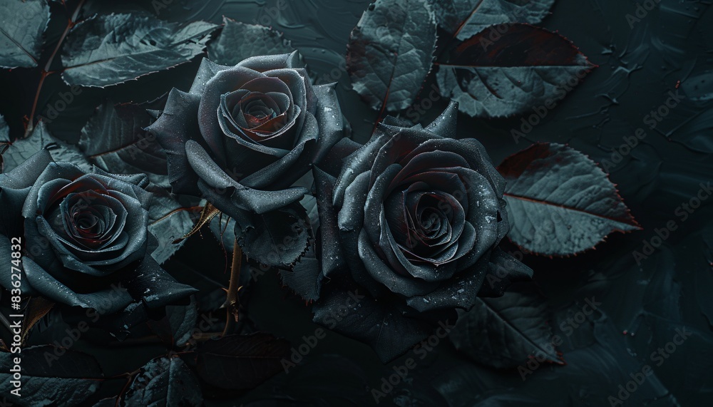 Obraz premium Elegant Black Roses with Dew Drops on Dark Leaves - Moody Floral Photography for Gothic and Romantic Themes