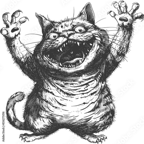 Deranged Tabby: Ink Sketch of Manic Cat with Claws Out, Open Mouth