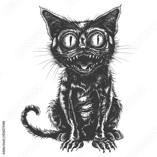 Creepy Grinning Kitten: Gothic Black Cat Engraving Illustration
