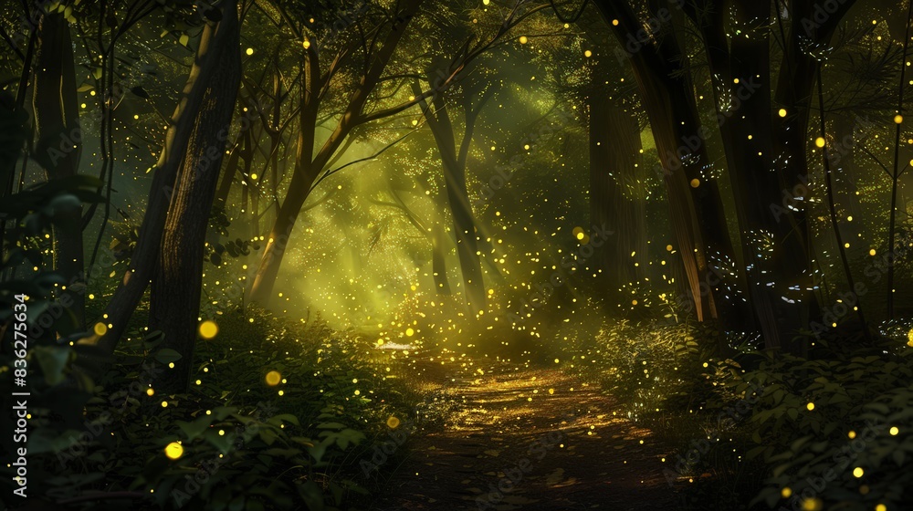 A gentle breeze rustles the leaves as fireflies flit about, casting a magical glow on a secluded path A gentle breeze rustles the leaves as fireflies flit about, casting a magical glow on a secluded path