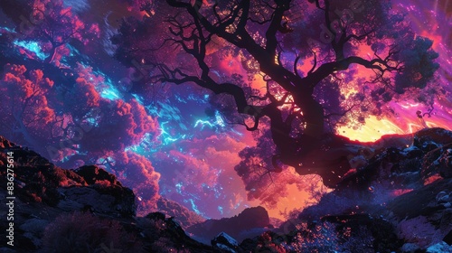 Illustration of epic dark tree with lightning