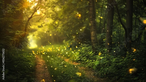 A gentle breeze rustles the leaves as fireflies flit about, casting a magical glow on a secluded path