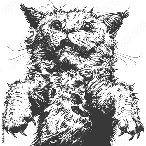 Feral Cat Illustration: Scared, Ripped Fur, Sharp Claws, Grayscale Art