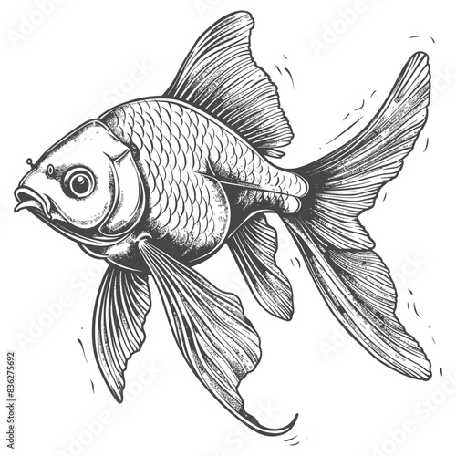 Detailed Etched Goldfish: Ornamental Fish Illustration, Monochrome Aquatic Design