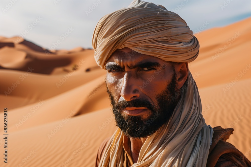 Man in arid desert with sand dunes wearing headscarf Man in arid desert with sand dunes wearing headscarf