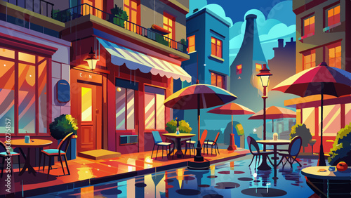Saturated Scenes of Parisian Cafés in the Rain with Reflections on Wet Cobblestones, vector graphics