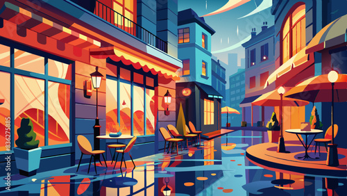 Saturated Scenes of Parisian Cafés in the Rain with Reflections on Wet Cobblestones, vector graphics