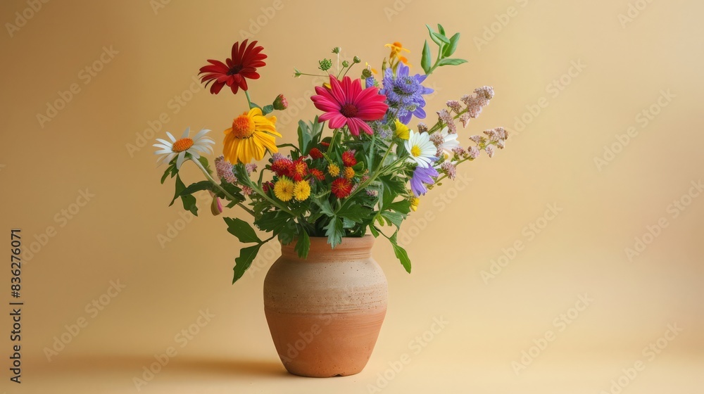 A handmade clay flower vase with a natural finish, displaying a bouquet of mixed garden flowers A handmade clay flower vase with a natural finish, displaying a bouquet of mixed garden flowers
