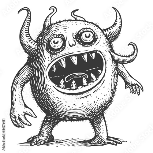 Cross-hatched Gremlin: Wide-Eyed, Horned, and Toothy Monster Illustration