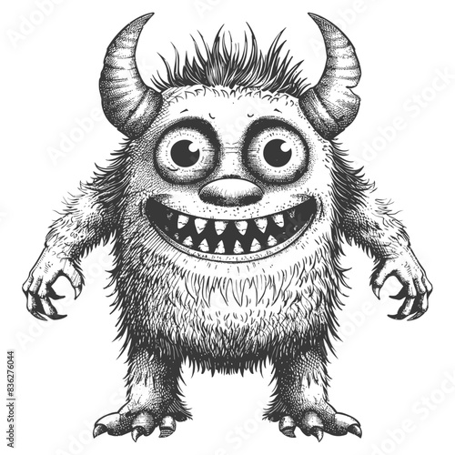 Grinning Furry Monster: Detailed Ink Illustration with Horns and Googly Eyes
