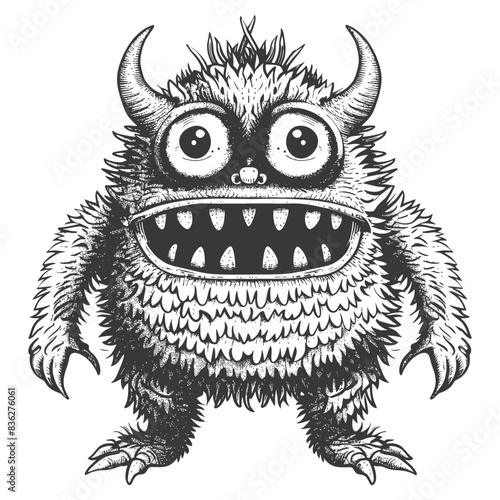 Sketchy Fur Monster: Horned, Wide-Eyed Creature with Toothy Grin.