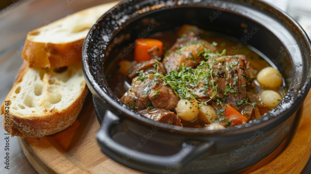 A hearty Kurobuta pork stew, simmered with vegetables and herbs, served with crusty bread. A hearty Kurobuta pork stew, simmered with vegetables and herbs, served with crusty bread.