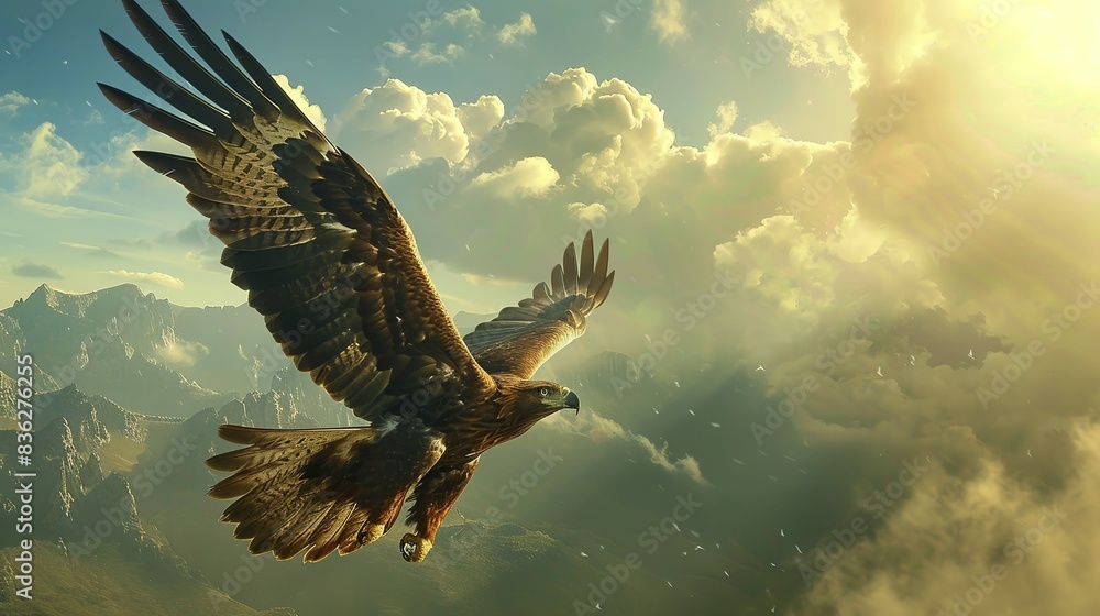 A large eagle is flying through the sky above a mountain range A large eagle is flying through the sky above a mountain range