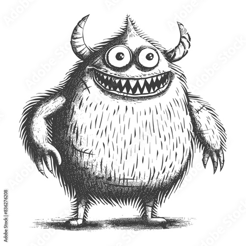 Grinning Horned Monster: Fuzzy, Toothy, and Whimsical Illustration