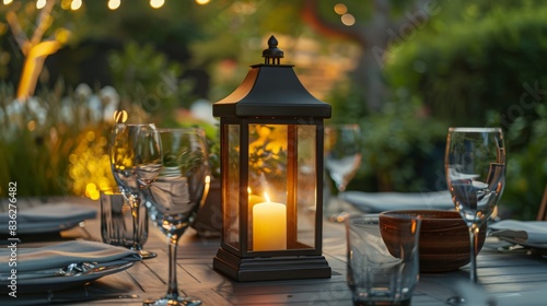 A lantern-style lamp on the patio table adds a warm, inviting glow to outdoor evening gatherings.