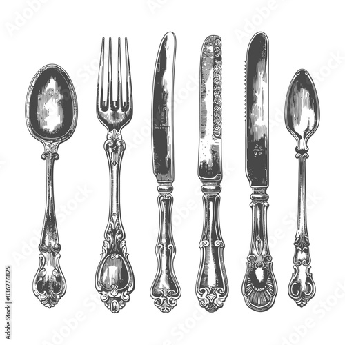 Ornate Silverware Set: Vintage Engraving of Table Setting Utensils.