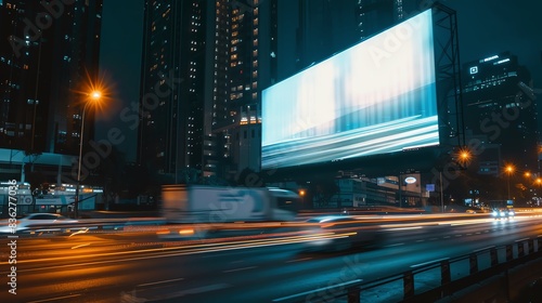 Blank digital billboard on a busy highway  with cars zooming past  perfect for largescale advertisements