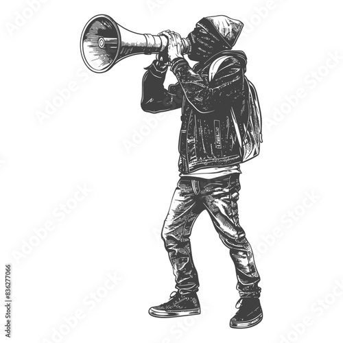 Masked Protester Shouting Through Megaphone, Vector Illustration.