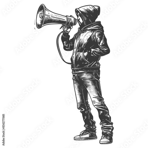 Hooded Figure with Megaphone: Vintage Engraving Style Protester.