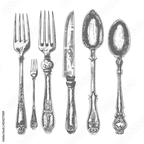 Antique Silverware Etching: Ornate Forks, Knife, and Spoons.