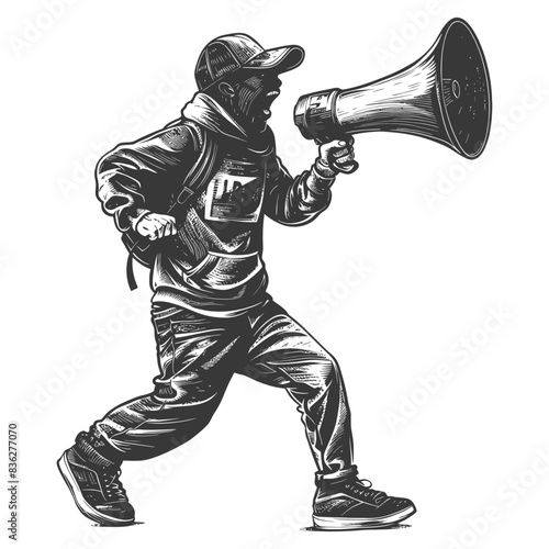 Monochrome Activist: Running Man with Megaphone, Engraving Style.