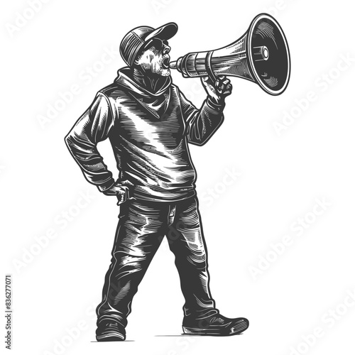 Megaphone Man: Grayscale Illustration of a Hooded Figure Announcing a Message.