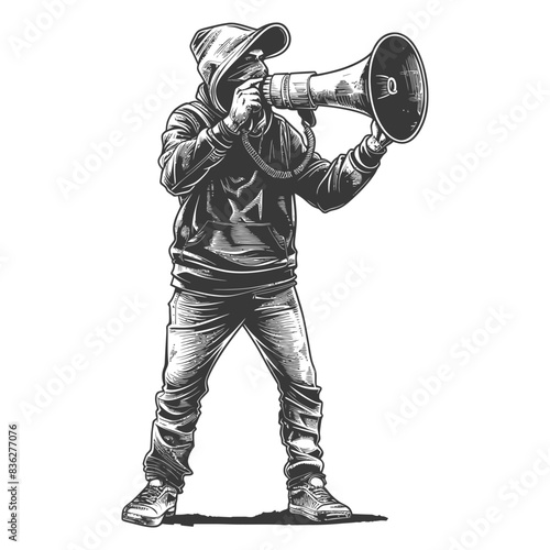 Hooded Activist with Megaphone: Vintage Engraving Style.