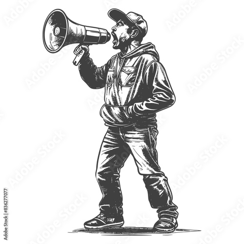 Monochrome vector art: hooded man shouting through a megaphone, protest icon.