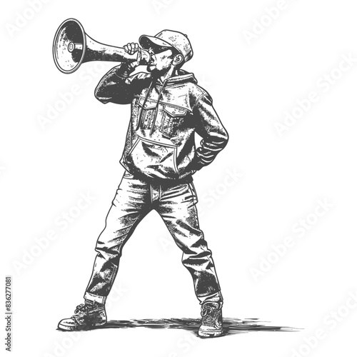 Monochrome Vector Illustration: Youth with Megaphone, Advocacy and Protest, Sketchy Style.