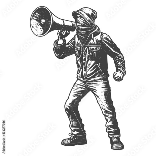 Sketch: Masked protester shouts through megaphone, vintage style.