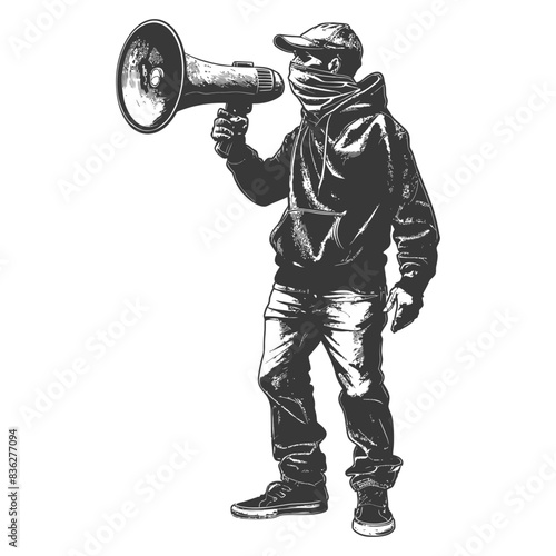 Protestor with Megaphone: Masked Figure, Street Activism, Hand-Drawn Illustration.