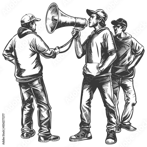 Protest Group with Megaphone: Engraved Style, Youth Activism, Public Address.