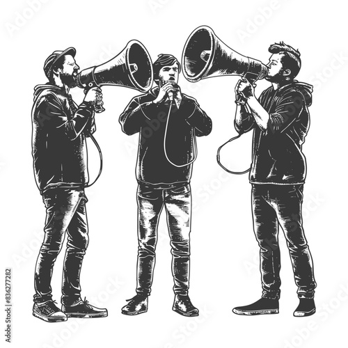 demonstrators holding loudspeaker with engraving style black color only